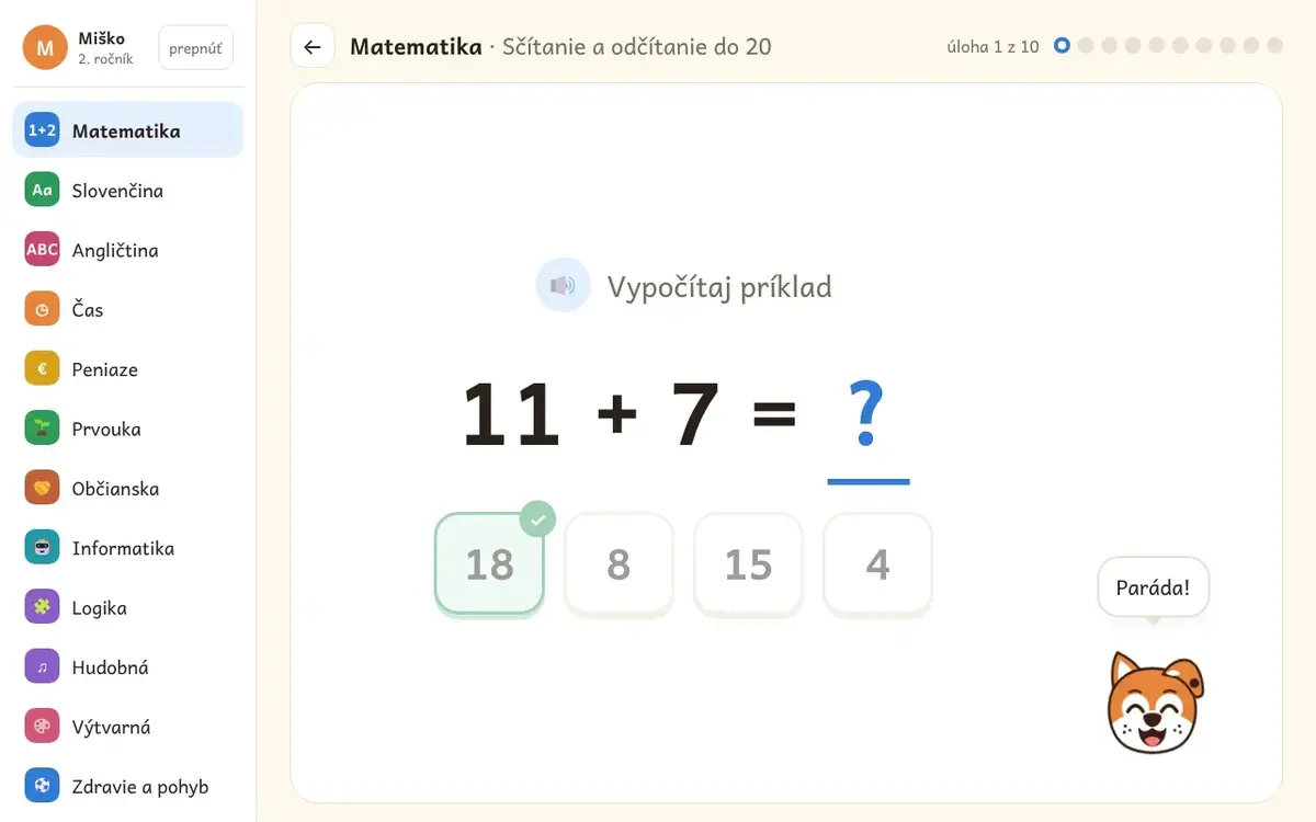 Žiačik: matematická úloha s psíkom Bodkou