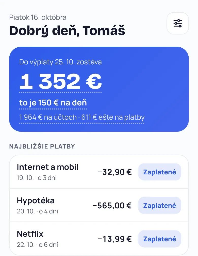 Aplikácia Gazda, obrazovka Dnes: do výplaty zostáva 1 352 €, to je 150 € na deň; najbližšie platby internet, hypotéka a Netflix